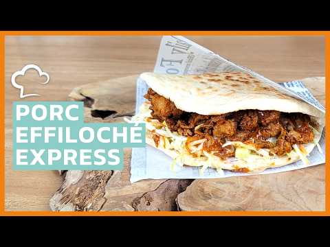 Porc effiloché express, pain plat minute et coleslaw au fromage blanc