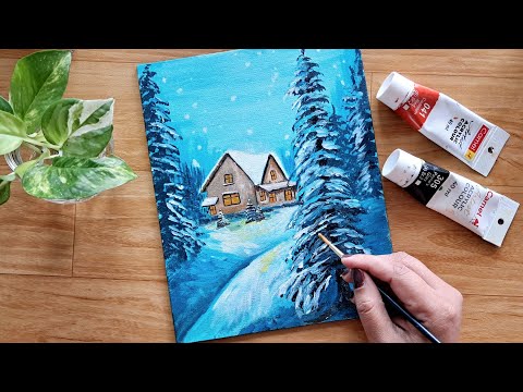 Easy Snowy Winter Night Acrylic painting for Beginners Step by Step | Snowfall painting ideas #2025 