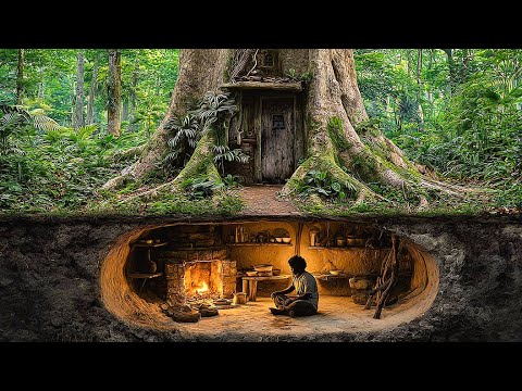 Giant Tree House: Building A Hidden Survival Shelter Inside A Massive Tree Trunk