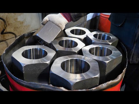 process of making super-large hex nuts and bolts. Korean metal factory