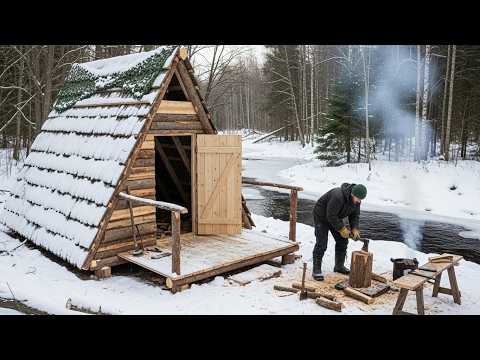 Two Young Men Build a Wooden A-Frame Cabin Deep in the Forest