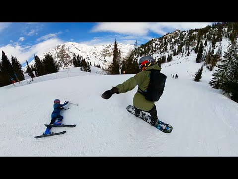 Dad Saves His Little Girl! Ski Lessons and Snowboard Routine for Kids and Baby. 8, 6, 3 yrs old.
