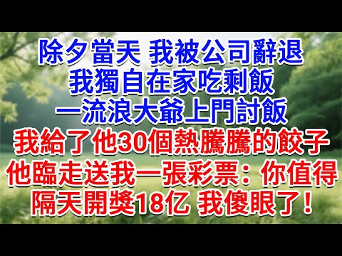 除夕當天我被公司​​辭退，我獨自在家吃剩飯，一流浪大爺上門討飯，我給了他30個熱騰騰的餃子，他臨走時送我一張彩券，隔天開獎18億 我傻眼了！#為人處世#生活經驗#情感故事#故事#小說#戀愛#情感#婚姻
