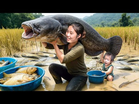 Catching Giant Catfish and Carp in the Rice Field by Hand and Bring them to the Market to Sell