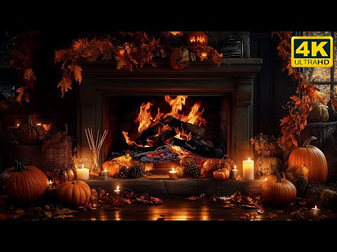 🕯️ Autumn Evening by the Fireplace (4K) 🔥 Pumpkins, Candles & Cozy Crackle