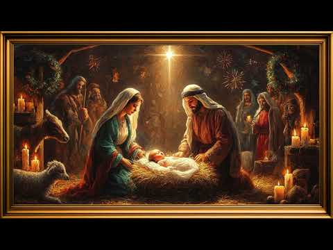 Christmas TV Art winter | Golden Frame gold Nativity of Jesus Painting