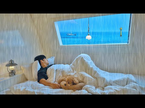 Camping in Heavy Rain with My Dog . 3 Bedroom Caravan . Sound of Waves ASMR