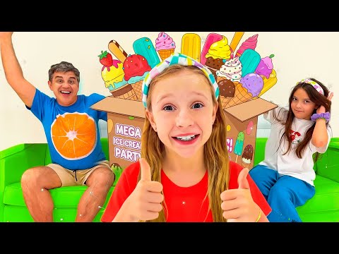 Nastya ve babası şeker ve meyve dağıtma makinesiyle oynuyor