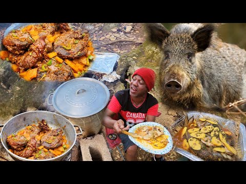 Unleash The Flavor: Epic Jamaican Coconut Plantain Dumpling With Pot Roasted Wild Boar By The River!