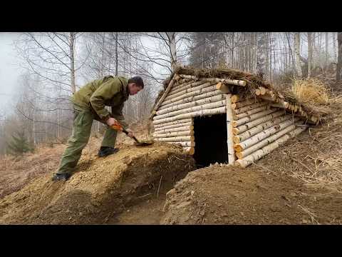 Building a warm shelter for survival in the wild, bushcraft log cabin off the grid