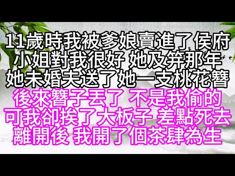 11歲時，我被爹娘賣進了侯府，小姐對我很好，她及笄那年，她未婚夫送了她一支桃花簪，後來，簪子丟了，不是我偷的，可我卻挨了大板子，差點死去，離開後，我開了個茶肆為生【幸福人生】#為人處世#生活經驗#情感