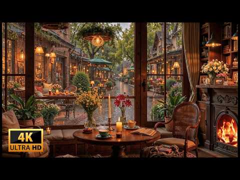 Rainy Spring Garden Café ☕🌧️ Soft Jazz Piano & Fireplace Sounds for Studying, Relaxing and Focus