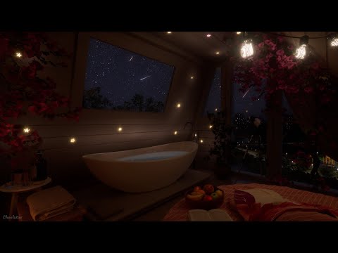 Cozy Attic Ambience With Shooting Stars | Rain, Crackling Fire, Crickets, Water, Chime Bell Sounds