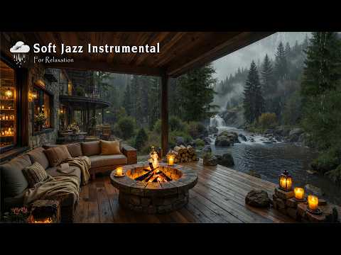 Lakeside Porch Ambience in Calm Forest 🌧️ Soft Jazz Instrumental with Rain Sounds for Relaxation