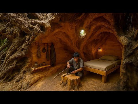 7 Days of Survival in the Rainforest. Build a Complete Shelter in a Giant Fallen Tree Trunk