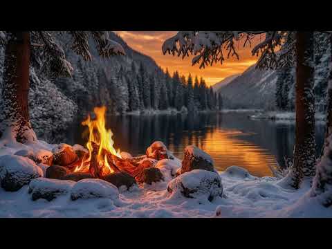 99% Will Relax Here ❄️🔥 Peaceful Winter Campfire. Calm Crackling Fire & Water Sounds