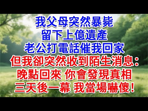 父母突然暴風雨，留下上億遺產，老公打電話催我回家，但我卻突然收到陌生消息：晚點回來，你會發現真相！三天後一幕 我當場嚇傻！#為人處世#生活經驗#情感故事#故事#小說#戀愛#情感#婚姻
