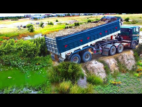 First Start Amazing PROJECT!! LANDFILL Damaged Road In Flooded Area Use Strong Dozer & 55Ton Truck.