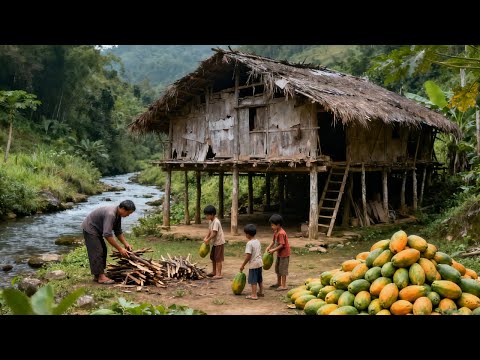 【一家七口隐居深山】爸爸进山捡柴火摘木瓜，懂事孩子在家给爸爸做饭#vlog#山居生活