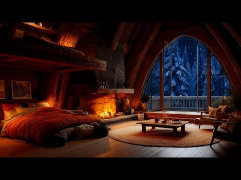 Silent Winter Cabin Ambience ❄️🔥 Cozy Crackling Fireplace, Snowstorm Outside for Sleep, Relaxation