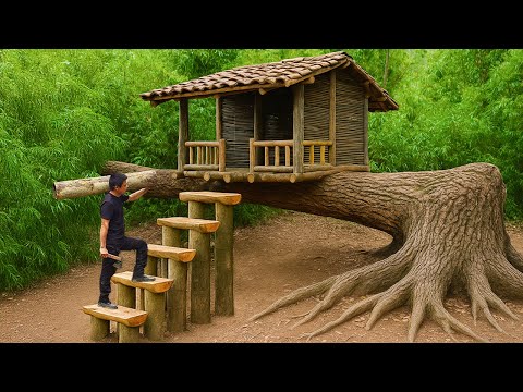 I Built a Bushcraft Survival House on a Giant Fallen Tree Trunk