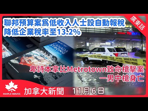 【加拿大新聞 11月6日】聯邦預算案為低收入人士設自動報稅  降低企業稅率至13.2%| 卑詩本拿比Metrotown致命槍擊案  一男中槍身亡| 聯邦部門三年裁減一萬六千全職職位