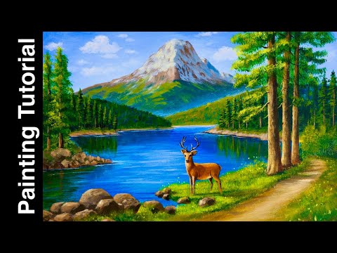 Acrylic Painting: Painting Deer at a Mountain Lake | How to Paint | Aham art