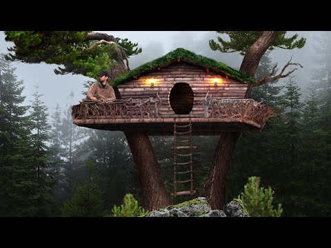 Building a Tree Shelter - SOLO CAMPING IN THE WILDERNESS - Bushcraft Treehouse in the Foggy Forest