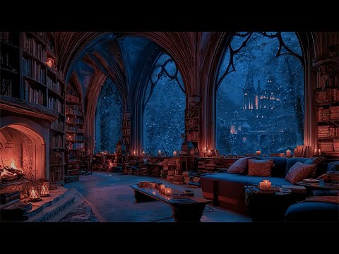Gothic Castle Winter Library Ambience | Gentle Piano & Violin with Fireplace | Dark Academia Music