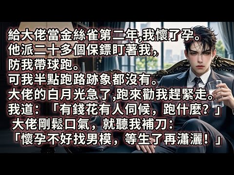 給大佬當金絲雀第二年，我懷了孕。他派二十多個保鏢盯著我，防我帶球跑。可我半點跑路跡象都沒有。大佬白月光急了，跑來勸我趕緊走。我道：「有錢花有人伺候，跑什麼？懷孕不好找男模，等生了再瀟灑！」