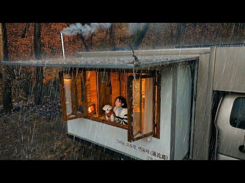 ⛈️비바람 몰아치는 호숫가에서 강아지와 화목난로 있는 트럭으로 아늑한 우중캠핑 | 수제 마그넷 댓글 이벤트 | 빗소리, 붓소리ASMR