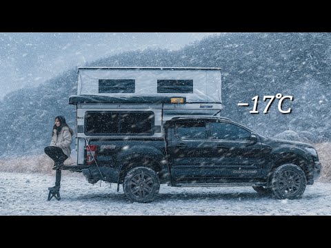 -17℃❄️SOLO camp ] Cold snap, three days of heavy snow. Cozy truck camping on a frozen riverbank 🚚