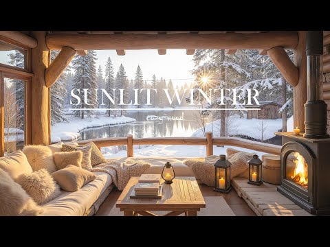 Sunlit Winter Cabin by the River ❄️🔥 Cozy Fireplace Mood  Smooth Jazz Piano & Soft Jazz
