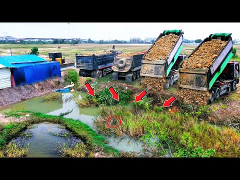 Start Perfectly Bilding Road Construction Over The Water Using Stones For Fill Clean Forest Pushing