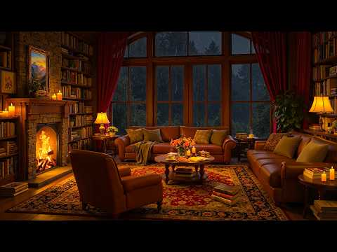 Rainy Night in Cozy Reading Nook Ambience 🔥 Smooth Jazz, Gentle Rain & Fireplace Sounds for Sleeping