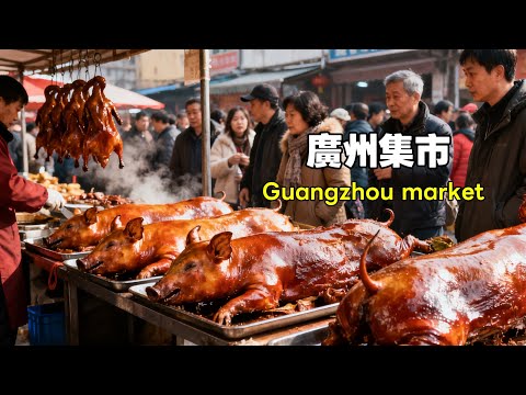 A traditional Guangzhou market! Roast pork, roast goose, char siu, and other roasted meats are ve...