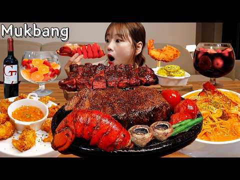 Sub)Real Mukbang- Lobster Steak 🥩🦞 Pasta, Pork Ribs 🍖 Coconut Shrimp 🍤 Sangria 🍷ASMR
