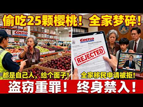 中国大妈Costco偷吃25颗樱桃，被抓还喊：“尝一颗怎么了？都是中国人给个面子！”监控曝光，判盗窃重罪+终身禁入+全家绿卡申请被拒！