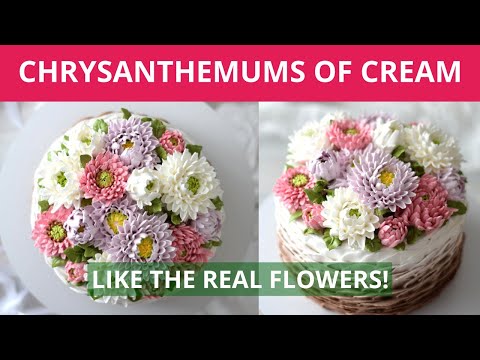 Chrysanthemums of  Italian meringue cream. How to decorate a cake with cream flowers.