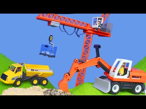 Kran, Bagger, Lastwagen & Spielzeugautos | Playmobil Baustelle für Kinder deutsch