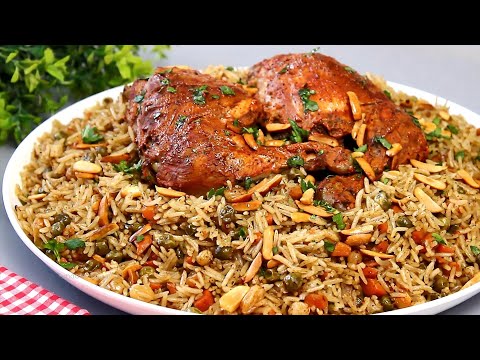 الرز المبهر بالخضار والدجاج المحمر الذايب رهيب للعزومات من اشهر وصفات المطاعم واطيبها