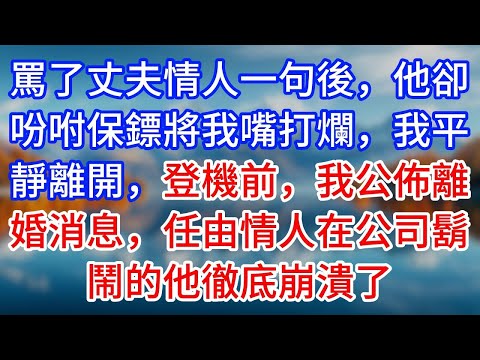 【完結】罵了丈夫情人一句後，他卻吩咐保鏢將我嘴打爛，我平靜離開，登機前，我公佈離婚消息，任由情人在公司鬍鬧的他徹底崩潰了 #為人處世 #生活經驗 #情感故事 #故事 #小說 #戀愛 #情感 #婚