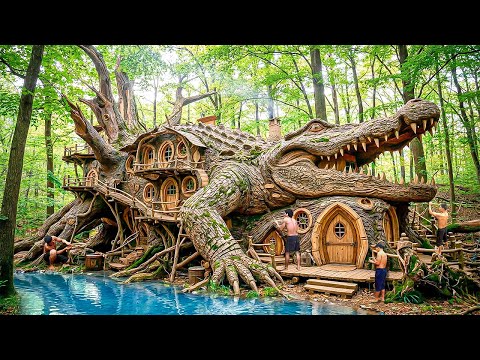 Building a Giant Crocodile Tree House with Hidden Living Spaces in The Jungle Using Primitive Tools