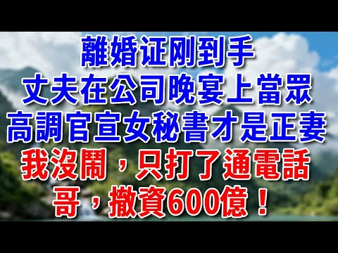離婚證書剛到手，丈夫在公司晚宴上當眾高調官宣女祕書才是正妻，下秒董事長爸爸來電，撤資600億，今晚就讓陸氏破產！ #好運年#為人處世#生活經驗#情感故事#養老#睡前故事