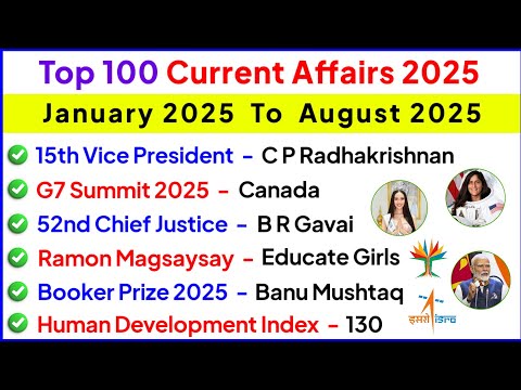 Top 100 Most Important Current Affairs 2025 | Last 8 Months Current Affairs 2025 | Current GK 2025