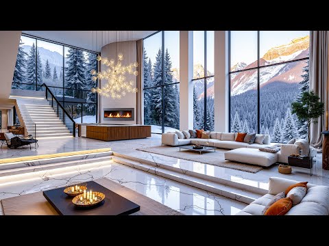 Soothing Jazz & A Luxury Living Room Overlooking A Winter Forest - Smooth Jazz On A Serene Snowy Day