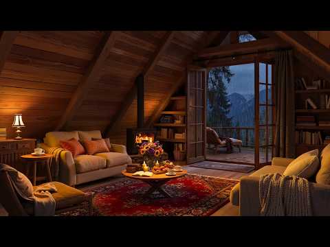 Soft Jazz Music & Cozy Fireplace in Warm Cabin 🌧️ Rainy Night Ambience for Relaxation