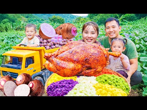 Harvesting taro, making colorful sticky rice, catching giant fish to sell at the market