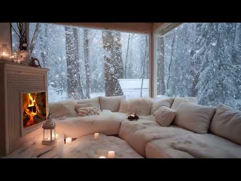 Relaxing Winter Piano Lounge | Cozy Fireplace Indoors & Snow Outside | Study Work Focus Meditation