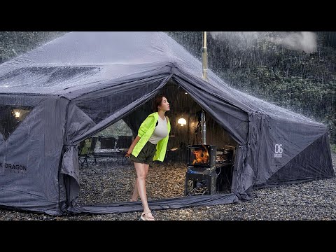 Camping in a luxury tent for 5 days in super heavy rain . rain sounds . ASMR